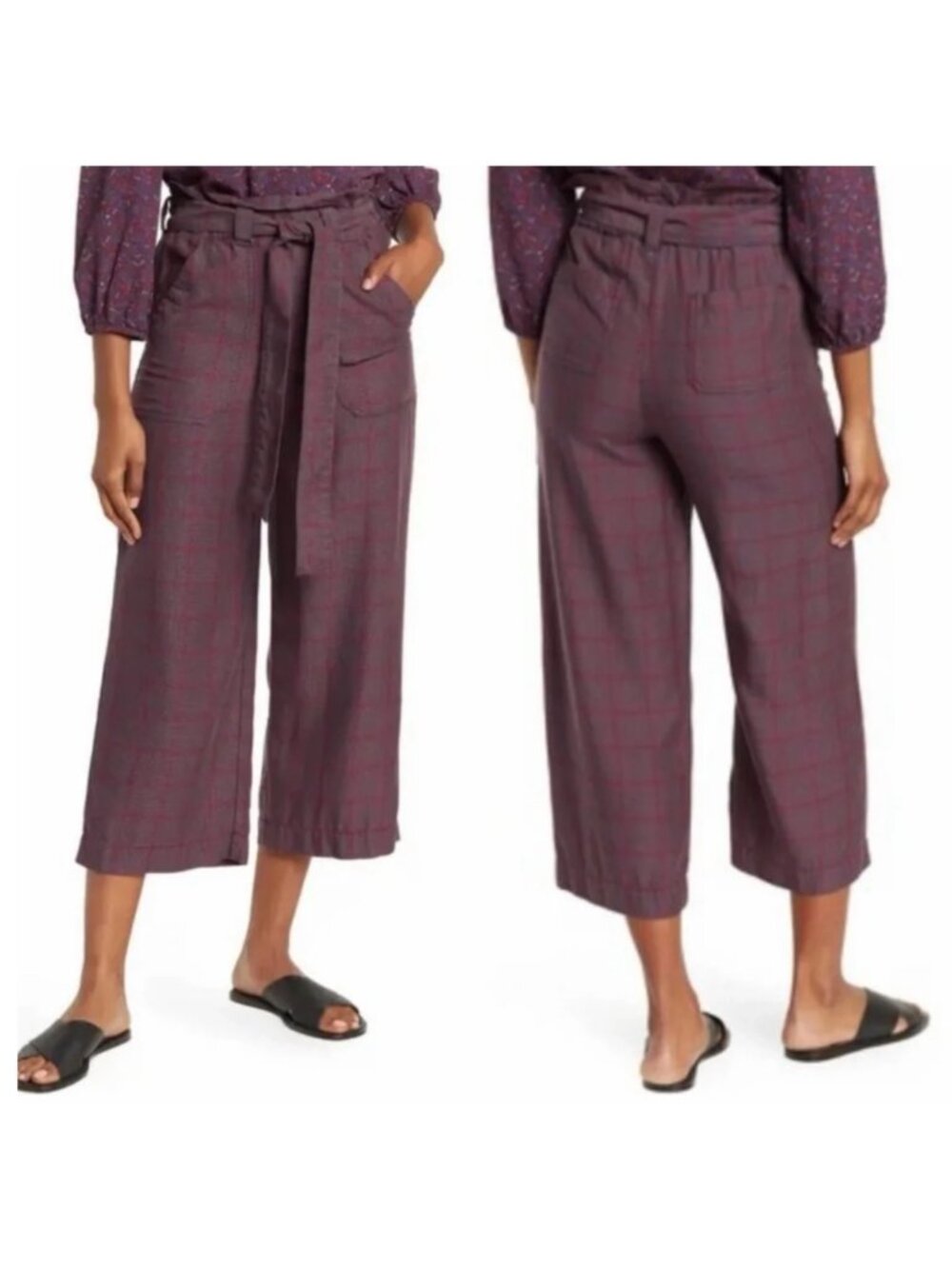 MARINE LAYER Caroline Pants Plaid Cropped Paper Bag Belted Tie Waist Purple M